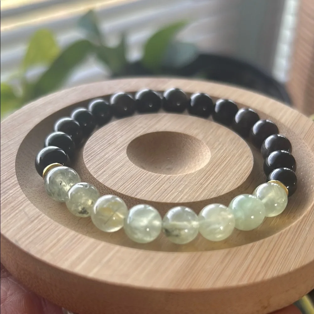 Handmade Prehnite + Black Obsidian Beaded Bracelet ✨